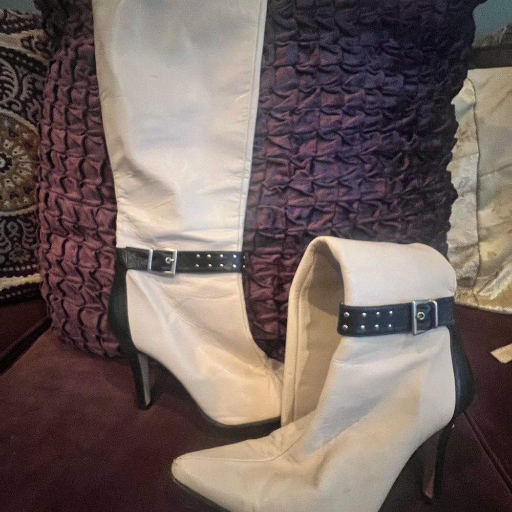 Chic Beige Knee-High Boots with Black Accents